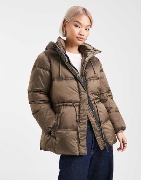 French Connection high neck hooded puffer jacket with drawstring waist in khaki - view 1