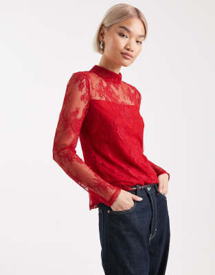 French Connection French Connection high neck lace long sleeve top in red