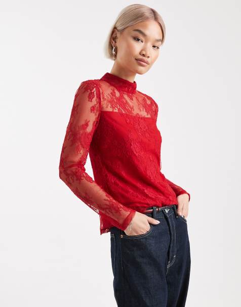 French Connection high neck lace long sleeve top in red - view 1