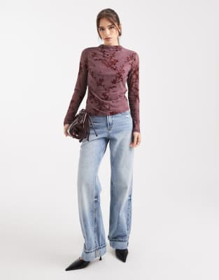 French Connection French Connection high neck mesh top with velvet burnout in plum-Multi