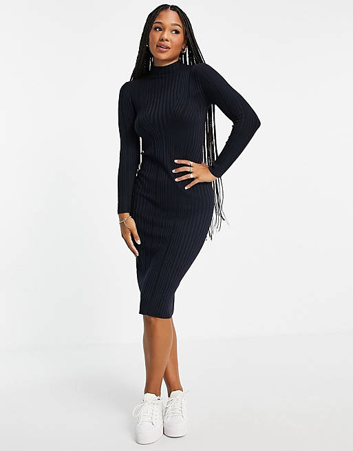 French Connection high neck ribbed midi dress in black