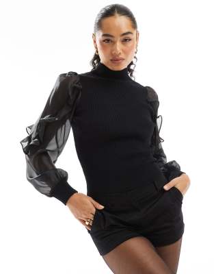 high neck ribbed top with sheer ruffle sleeves in black