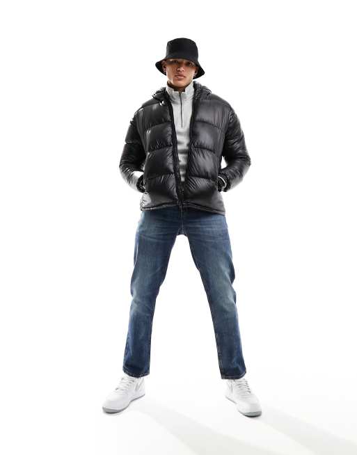 Black Shiny Puffer Jacket Mens with Hood