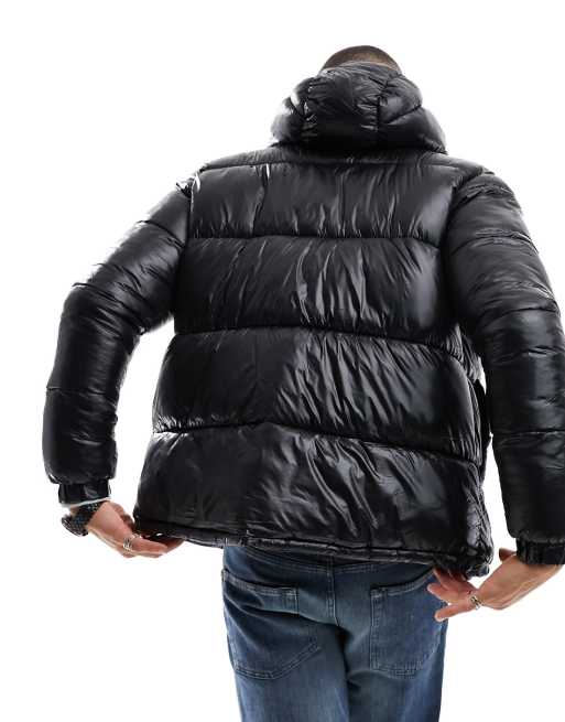 Black Shiny Puffer Jacket Mens with Hood