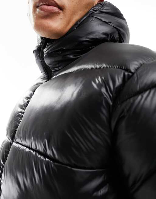 Black Shiny Puffer Jacket Mens with Hood