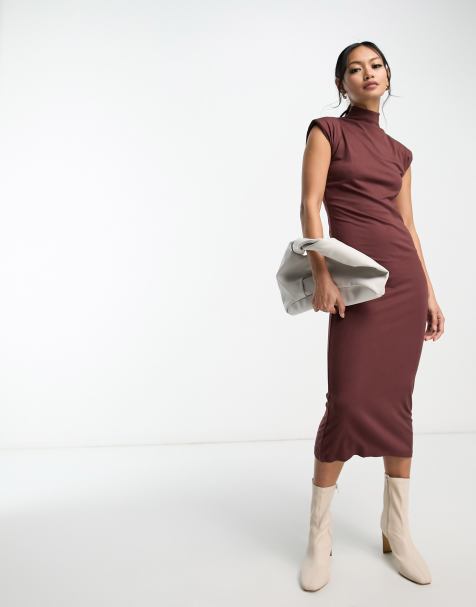 French Connection high neck shoulder pad jersey midi dress in brown - view 1