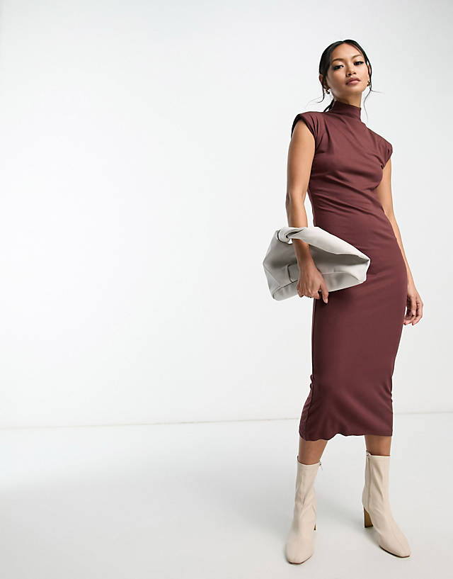 French Connection - high neck shoulder pad jersey midi dress in brown