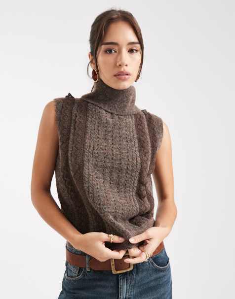 French Connection high neck sweater vest with lace edge in brown