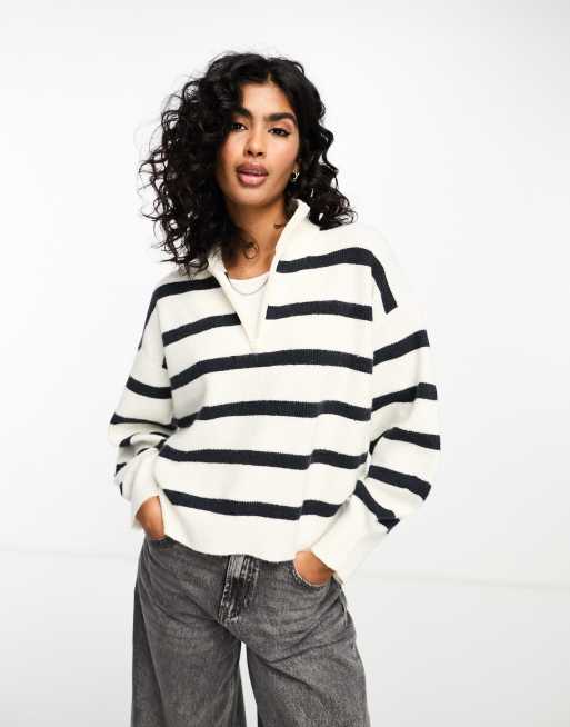 French Connection high neck zip jumper in white and marine stripe | ASOS