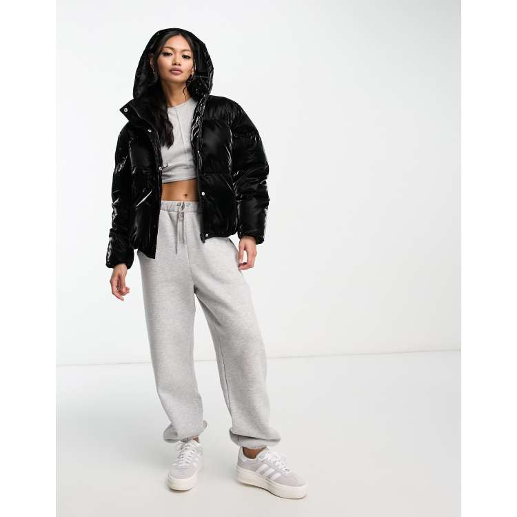 Hooded crop store high shine coat