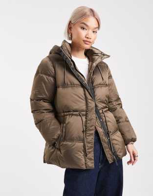 French Connection - Hochgeschlossene Steppjacke in Khaki mit Kapuze und Kordelzug in der Taille-Grün