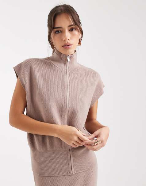 French Connection – Hochgeschlossener, kurzärmliger Pullover in Taupe mit Reißverschluss, Kombiteil - view 1