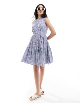 French Connection - Hochgeschlossenes, gestuftes Minikleid aus Popeline in Blau und Weiß gestreift-Bunt