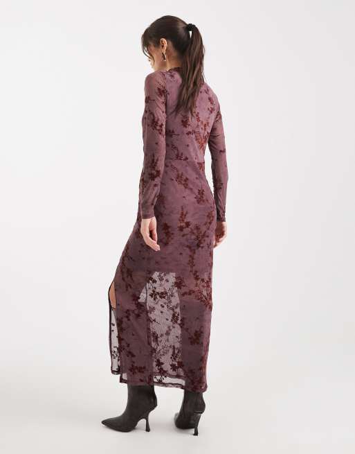 French Connection – Hochgeschlossenes Netzstoff-Midikleid aus Ausbrennersamt in Pflaume, 3 von 4