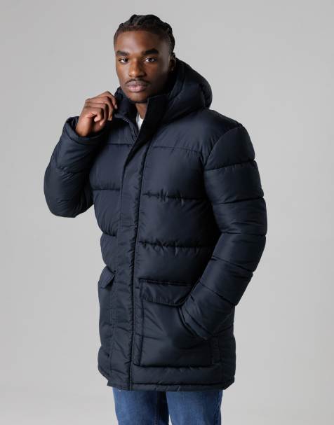 French Connection Hooded parka longline zip-through jacket in navy - view 1
