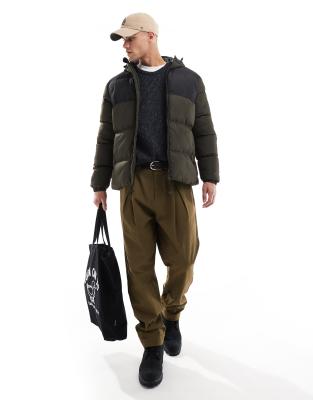 French Connection hooded puffer jacket in black and khaki-Multi