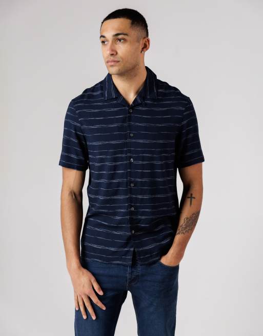 French Connection Horizontal stripe print short sleeve shirt in navy, 3 of 4