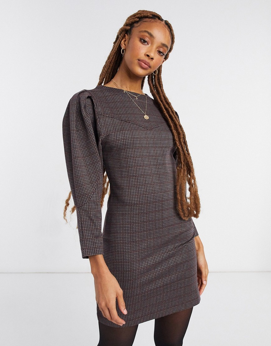 FRENCH CONNECTION HOUNDSTOOTH JERSEY MINI DRESS WITH PUFF SLEEVE-BLACK,71PCQ