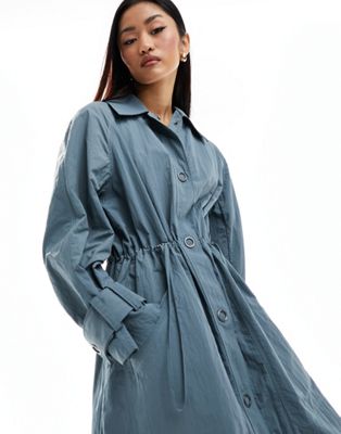 French Connection Ilena lightwash denim look trench coat in blue - ASOS Price Checker