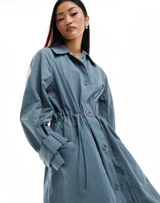 French Connection Ilena lightwash denim look trench coat in blue - ASOS Price Checker