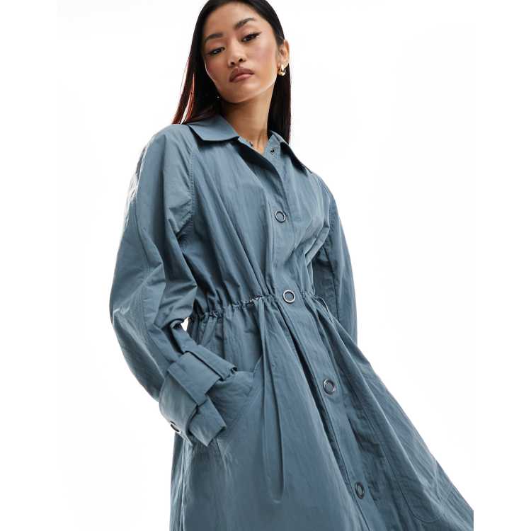 French Connection Ilena lightwash denim look trench coat in blue ASOS