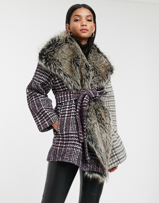 French Connection Irene contrast check coat with faux fur collar in wool blend
