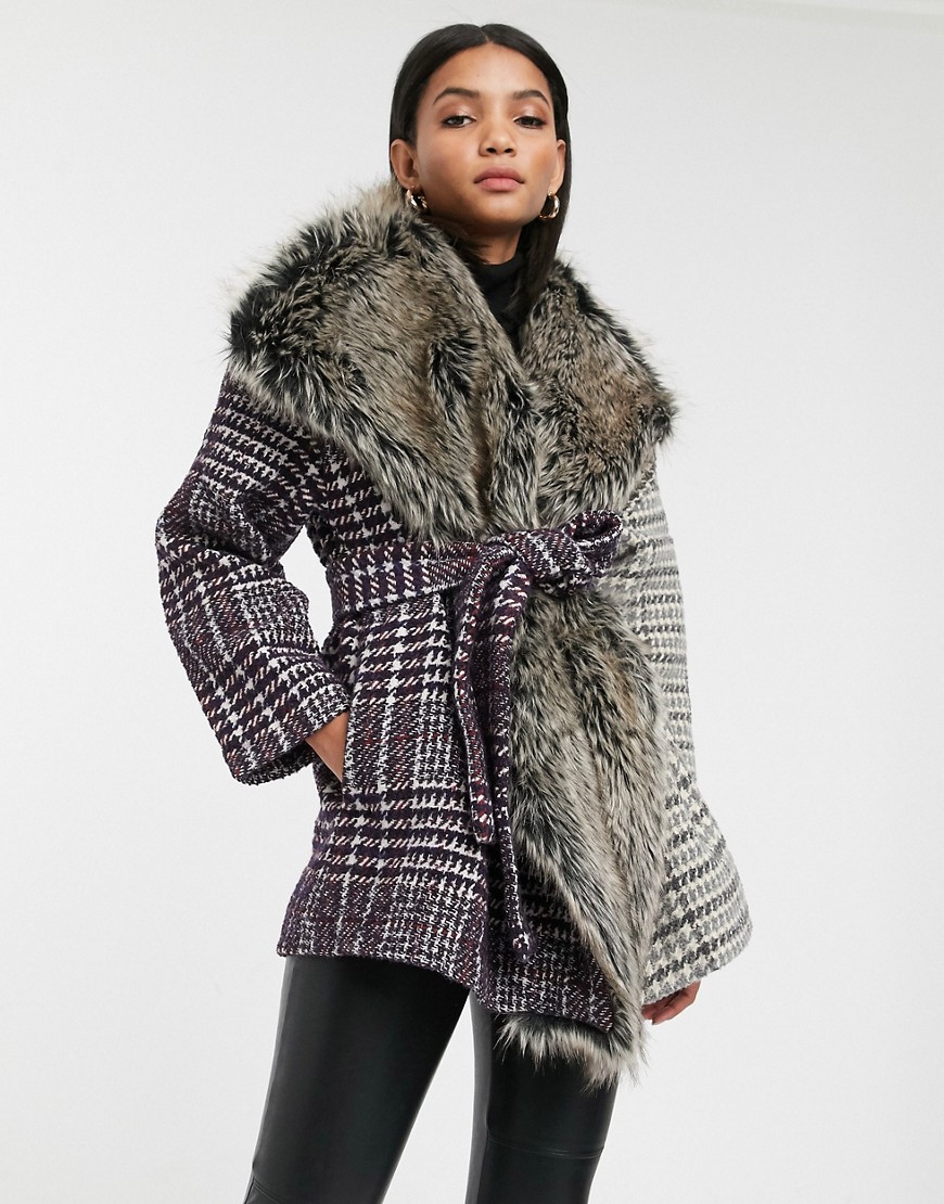 French Connection - Irene - Frakke i uldblanding med kontrasttern og krave i imiteret pels-Grå