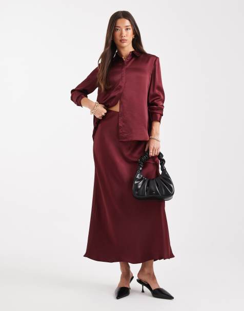 French Connection Irina satin midi skirt in burgundy - view 1