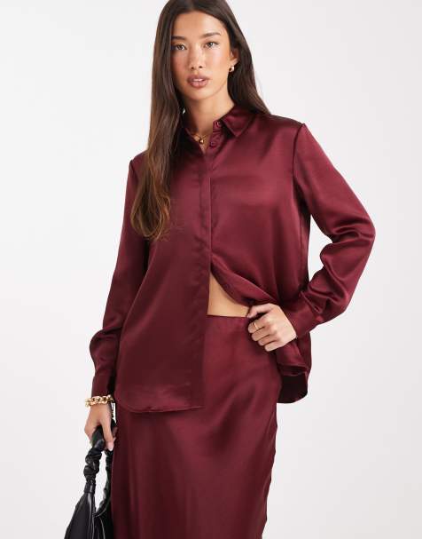 French Connection Irina satin shirt in burgundy - view 1