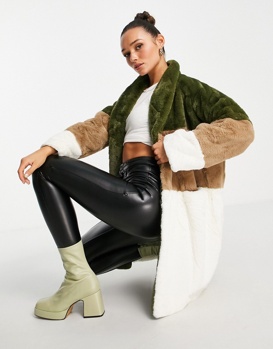 French Connection Izo faux fur color block coat in khaki and brown
