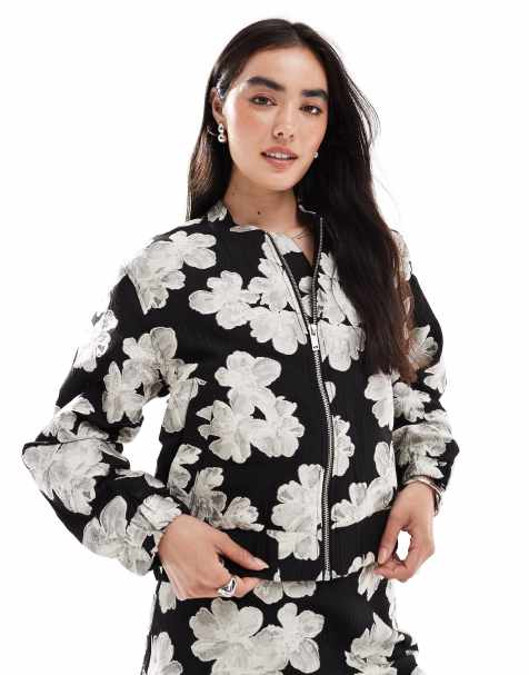 French Connection jacquard floral bomber jacket co-ord in black and cream - view 1