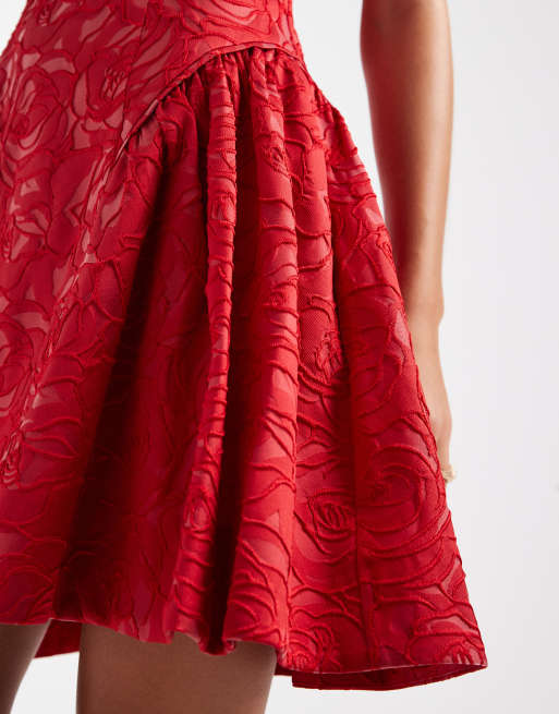 French Connection - Jacquard mini-jurk met structuur en verlaagde taille in rood, 2 van 4