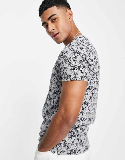 French Connection – Jasnoszary T-shirt z nadrukiem w liście