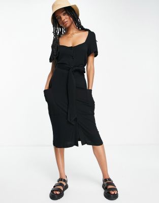 French Connection – Jersey-Kleid in Schwarz mit eckigem Ausschnitt und Knöpfen