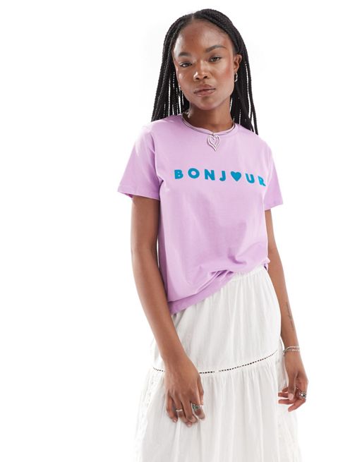 French Connection - Jersey T-shirt met 'Bonjour'-print in lila