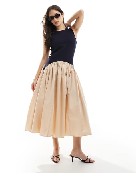 French Connection Jia drop waist midi dress in navy and cream