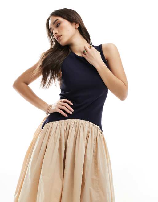 French Connection Jia drop waist midi dress in navy and cream | ASOS