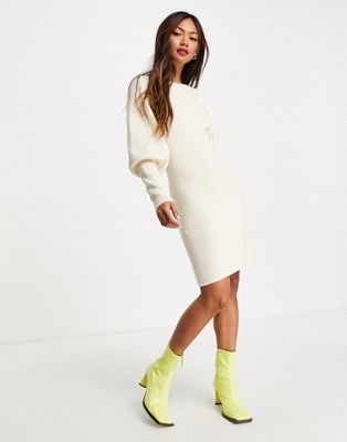 French Connection Joss puff sleeve knitted dress in ecru