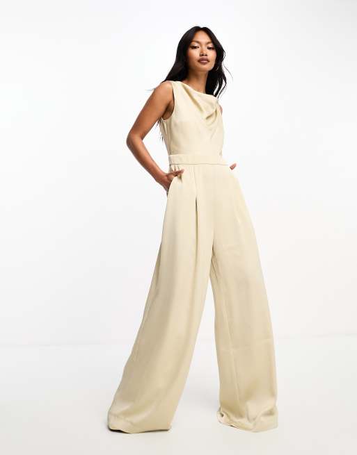 French Connection - Jumpsuit met gedrapeerde halslijn en wijde pijpen in beige