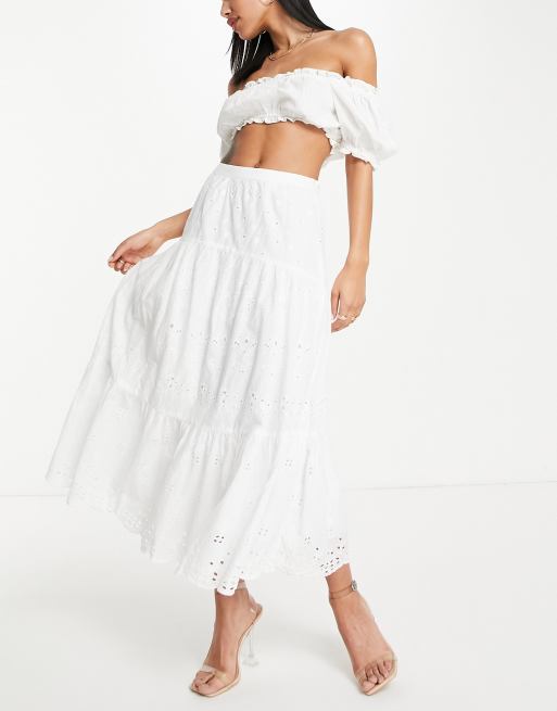 French Connection - Jupe longue étagée en coton avec broderies - Blanc - WHITE