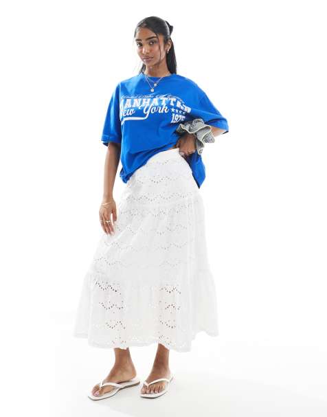 French Connection - Jupe longueur mollet étagée en broderie anglaise - Blanc - view 1