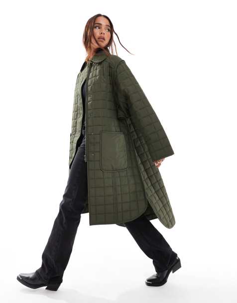 French Connection – Khakigrön, lång, quiltad jacka - view 1
