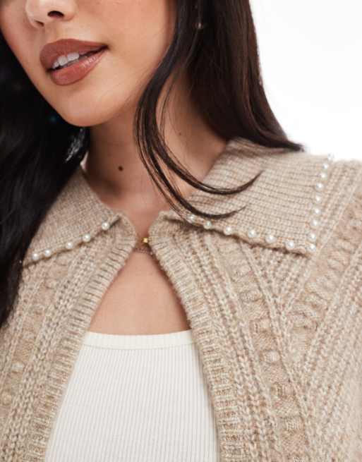 French Connection Kitty faux pearl collared cardigan in almond, 3 of 4