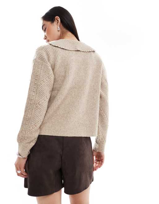 French Connection Kitty faux pearl collared cardigan in almond, 4 of 4