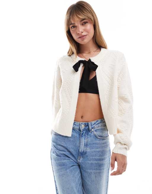 French Connection Kitty knit cardigan with bow detail in winter white 