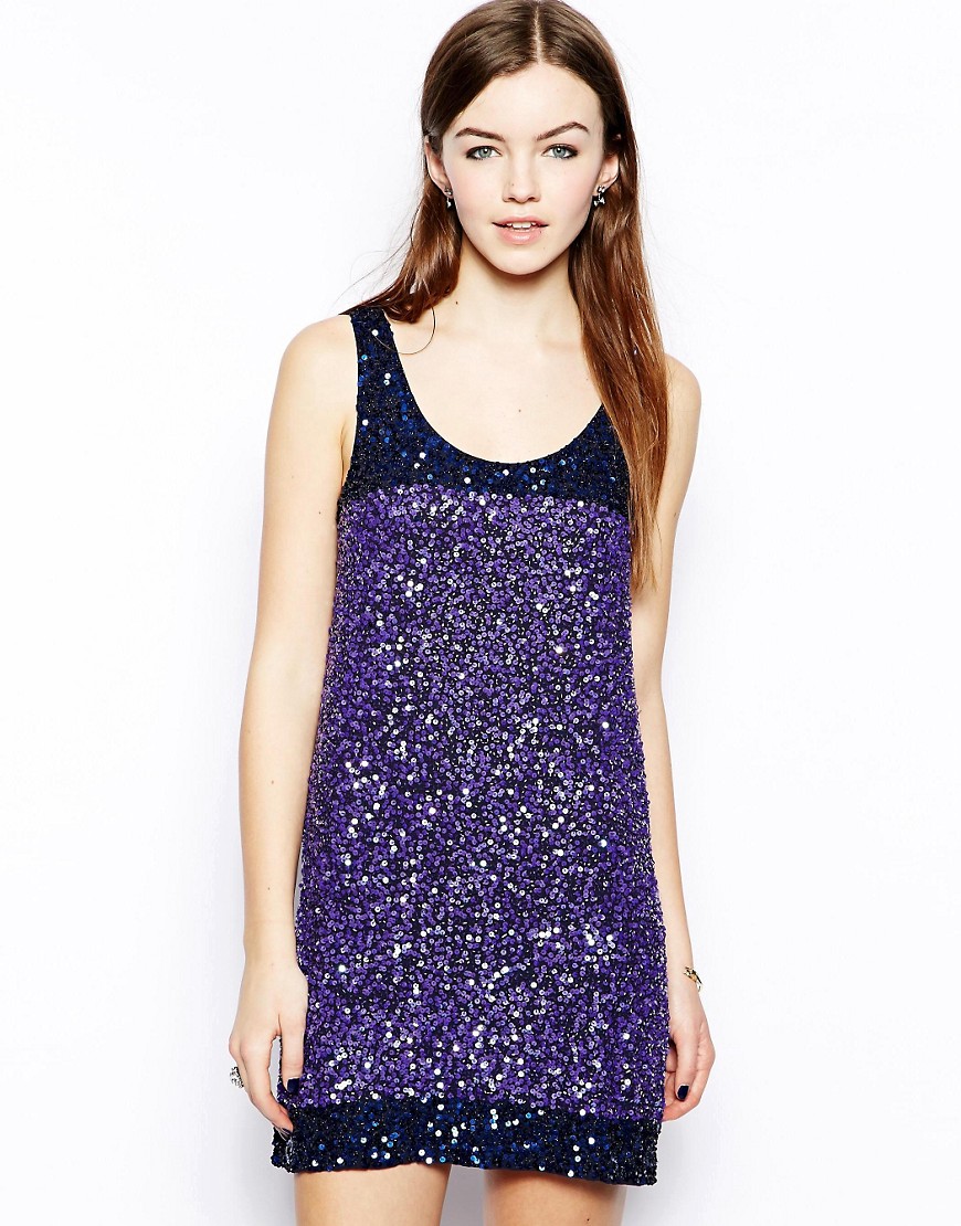French Connection – klänning med smala axelband och regnbågsfärgade paljetter-lila