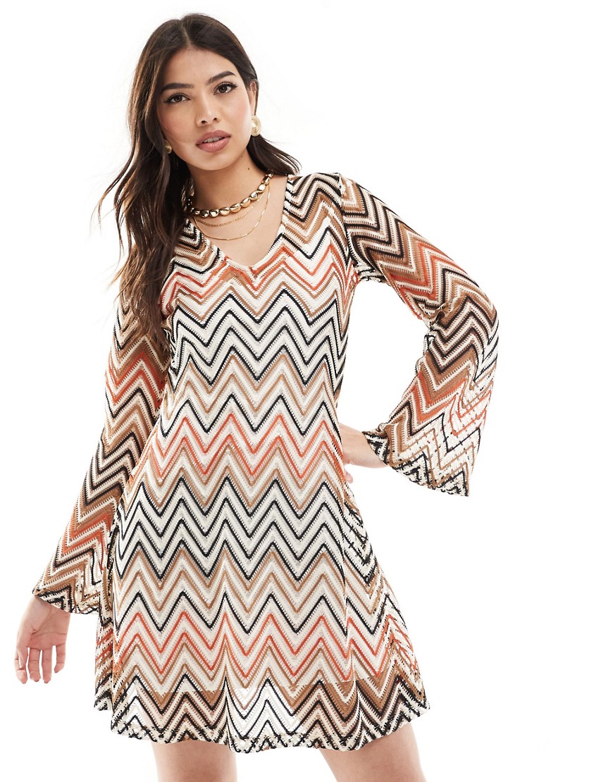 French Connection Knit Shift Mini Dress In Zig Zag Print-multi