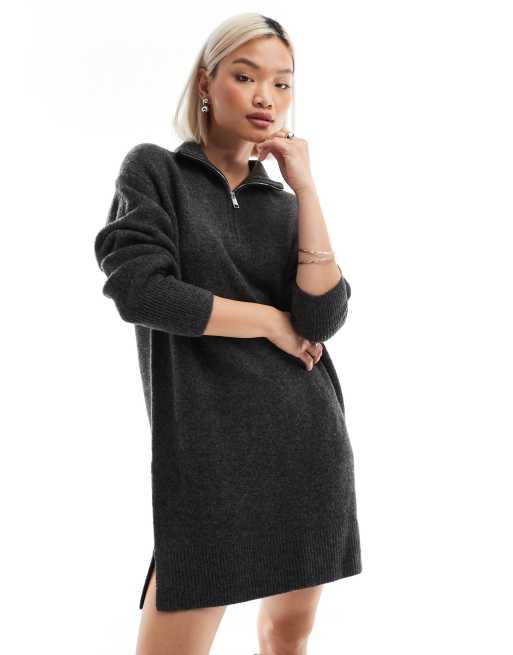 French Connection knit sweater dress with half zip in gray