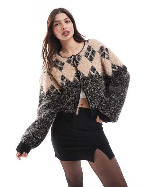 French Connection knitted cardigan in argyle pattern in black  - view 1