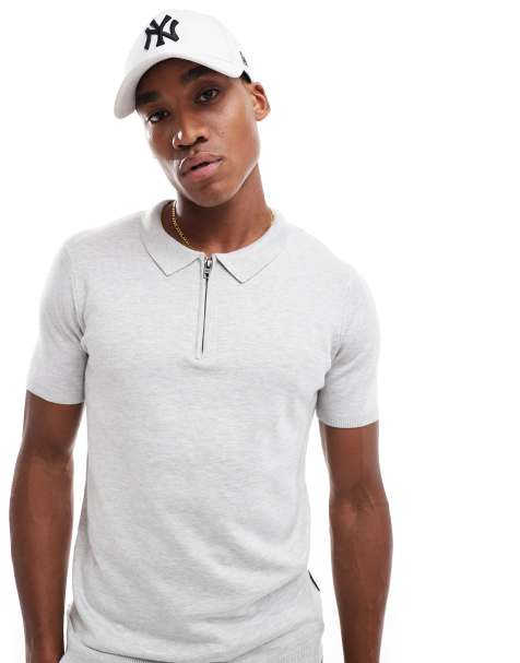 French Connection knitted half zip polo tee in light grey - view 1